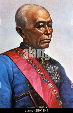 Thailandia: Re Rama IV, Mongkut (18 ottobre 1804 – 1 ottobre 1868), 4° monarca della dinastia Chakri. Olio su tela pittura, c.. 19 ° secolo. Phra Bat Somdet Phra Poramenthramaha Mongkut Phra Chom Klao Chao Yu Hua, o Rama IV, conosciuto in paesi stranieri come Re Mongkut, fu il quarto monarca del Siam (Thailandia) sotto la Casa di Chakri, al potere dal 1851 al 1868. Era uno dei monarchi più venerati del paese. Al di fuori della Thailandia, è meglio conosciuto come il Re nella commedia del 1951 e nel film del 1956 "il Re e i", basato sul film del 1946 "Anna e il Re del Siam". Foto Stock