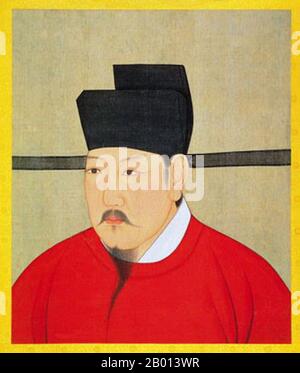 Cina: Imperatore Renzong (Zhao Zhen, 30 maggio 1010 - 30 aprile 1063), 4° sovrano della dinastia (nord) della canzone (r. 1022-1063). Pittura a scorrimento sospesa, c. 1022-1063. L'imperatore Renzong di Song, nome personale Zhao Zhen e originariamente conosciuto come Zhao Shouyi, fu il quarto imperatore della dinastia Song. Regnò dal 1022 al 1063. Renzong era figlio dell'imperatore Zhenzong. Nonostante il suo lungo regno di oltre 40 anni, Renzong non è ampiamente conosciuto. Il suo regno segnò il punto più alto delle influenze e del potere di Song, ma fu anche l'inizio della sua lenta disintegrazione che persisterebbe nel prossimo secolo e mezzo. Foto Stock