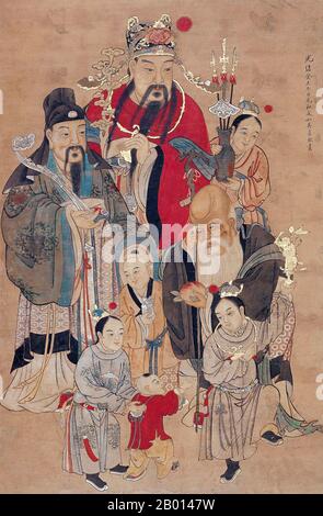 Cina: Gli dei Daoisti di buona fortuna (fu), prosperità (Lu) e longevità (Shou), chiamati collettivamente Fulushou o il Sanxing. Pittura a scorrimento sospesa, c. 19 ° secolo. Il termine fu Lu Shou o Fulushou si riferisce collettivamente al concetto di buona Fortuna (fu), prosperità (Lu), e longevità (Shou). Questo concetto taoista si pensa risalga alla Dinastia Ming, quando la fu Star, la Lu Star e la Shou Star sono state considerate divinità personificate di questi attributi rispettivamente. Il termine è comunemente usato nella cultura cinese per indicare i tre attributi di una buona vita. Foto Stock
