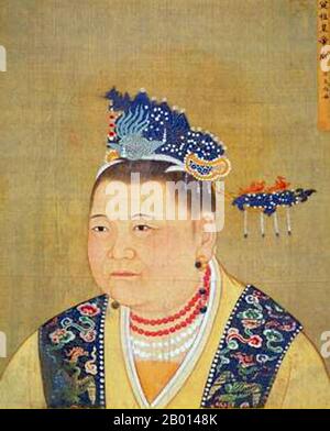 Cina: L'imperatrice Dowager Zhaoxian (902 - 17 luglio 961), madre dei primi due imperatori della canzone Taizu e Taizong. Pittura a spirale appesa, dinastia Song (960-1279). Lady Du, formalmente conosciuta come Zhaoxian, era una imperatrice dowager della dinastia Song. Era la moglie del generale Zhao Hongyin e madre dei primi due imperatori della canzone Taizu e Taizong. L'imperatore Taizong rivendicò la legittimità al trono attraverso la sua apparente volontà, presumibilmente suggellato in una mensola d'oro alla sua morte, anche se molti storici credono di aver costruito questo. Foto Stock
