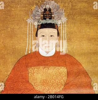 Cina: Madame Zhu, una donna cinese di rango, indossando abiti ufficiali del 8° rango civile con un uccello oriole. Dinastia Ming (1368-1644) ritratto. Foto Stock