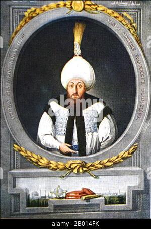 Turchia: Sultano Mustafa III (28 gennaio 1717 – 21 gennaio 1774). Incisione di John Young (1755-1825), c.. 1815 Mustafa III fu il Sultano dell'Impero Ottomano dal 1757 al 1774. Figlio del sultano Ahmed III (1703–30), succedette al fratello Abdul Hamid i (1774–89). Governante energico e percettivo, Mustafa III cercò di modernizzare l'esercito e la macchina dello Stato interno per allineare il suo impero con le grandi potenze europee. Purtroppo lo Stato ottomano era sceso fino ad ora che qualsiasi tentativo generale di modernizzazione non era che una caduta nell'oceano. Foto Stock