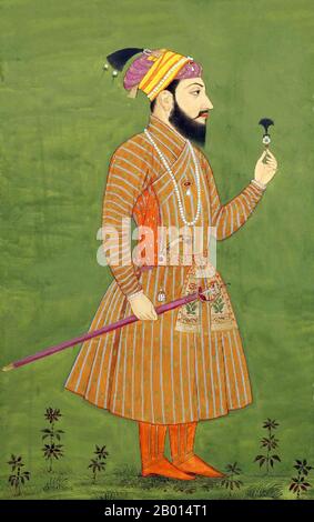 India: Pittura in miniatura di Shah Shuja (23 giugno 1616 – 1660), gouache su carta, Golconda, Deccan, c. 1700 Shah Shuja fu il secondo figlio dell'imperatore Mughal Shah Jahan e l'imperatrice Mumtaz Mahal. L'imperatore Shah Jahan nominò Shah Shuja come Sub-Hdar o governatore del Bengala nel 1639. Nel 1642, Shuja fu anche incaricata della provincia di Orissa. Governò le province per più di venti anni, dal 1639 al 1660. Foto Stock