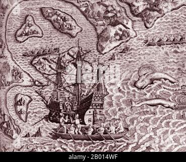 Brasile/Portogallo: Arrivo della flotta di Cabral a Porto Seguro sulla costa del Brasile nell'aprile 1500. Incisione di Theodor de Bry (1528 - 27 marzo 1598), XVI secolo. Dopo il successo del navigatore portoghese Vasco da Gama nel 1498, alla scoperta di una rotta marittima in Africa verso l'India, re Manuel i commissionò a Pedro Alvares Cabral un secondo viaggio di 13 navi e 1,500 uomini verso l'India. Anche se intendeva rimanere vicino alla costa occidentale dell'Africa, Cabral navigò lontano e accidentalmente si incuneò sulle coste del Sud America. Foto Stock