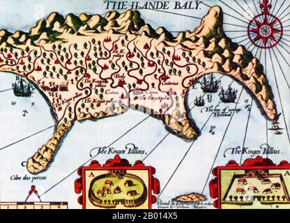 Paesi Bassi/Indonesia: Isola di Bali - una copia inglese della mappa dell'esploratore olandese Cornelis de Houtman del 1596-1597. Le caselle ‘A’ indicano i palazzi del re; B è il luogo in cui de Houtman incontrò il re; C è ciò che de Houtman chiama il ‘Capo dei suini’; D è il luogo in cui la flotta olandese si ancorava; e dove andavano a riva. Cornelis de Houtman (2 aprile 1565 – 1 settembre 1599) è stato un esploratore olandese che ha scoperto una nuova rotta marittima dall'Europa all'Indonesia, che ha contribuito ad avviare il commercio olandese delle spezie. All'epoca, l'Impero portoghese deteneva il monopolio del commercio delle spezie, e il viaggio era una vittoria simbolica olandese. Foto Stock