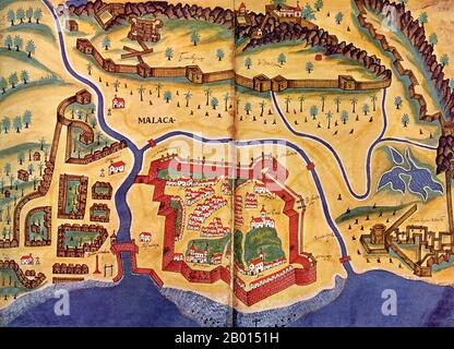 Malesia: Il porto di Malacca nella Malaya occidentale dopo essere diventato una colonia portoghese vitale nel 1511. Mappa di Pedro Barrato de Resende (fl. xvii secolo), 1641. Nell'aprile 1511, il conquistador portoghese Afonso de Albuquerque salpò da Goa a Malacca con una forza di circa 1,200 uomini su una flotta di 17 o 18 navi. Conquistarono la città il 24 agosto 1511, e Sultan Mahmud Shah, l'ultimo sultano di Malacca, dovette rifugiarsi nell'entroterra. Malacca divenne una base strategica per l'espansione portoghese nelle Indie orientali dove potevano sfruttare il commercio delle spezie. Foto Stock