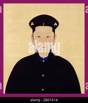 Cina: Imperatrice Xiao Yi Ren (-24 agosto 1689), terza consorte dell'imperatore Kangxi. Dipinto a spirale sospeso, 18 ° secolo. L'imperatrice Xiaoyiren, nome personale Tunggiya, era il terzo consorte dell'Imperatore Kangxi. Era del clan di Tunggiya ed era la figlia del ministro della Difesa interna, Tong Guowei, così come la nipote dell'imperatrice Xiaokangzhang. All'inizio le fu dato il titolo Noble Consort Tong. Nel 1689 Tunggiya si ammalò gravemente e l'imperatore Kangxi la promosse al rango di imperatrice Consort. Morì un giorno dopo. Foto Stock