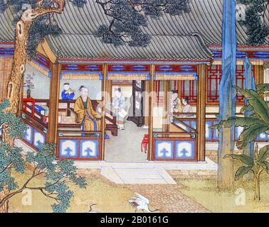Cina: Imperatore Yongzheng (13 dicembre 1678 – 8 ottobre 1735), 5° governatore della dinastia Qing (r. 1722-1735), rilassante nei giardini del palazzo. Murale, 18 ° secolo. L'imperatore Yongzheng, nato Yinzhen e il nome del tempio Shizong, era il quinto imperatore della dinastia Qing. Un righello duro-funzionante, l'obiettivo principale di Yongzheng era quello di creare un governo efficace a spese minime. Come suo padre, l'imperatore Kangxi, Yongzheng usò la forza militare per preservare la posizione della dinastia. Sospettato dagli storici di aver usurpato il trono, il suo regno fu spesso chiamato dispotico, efficiente e vigoroso. Foto Stock