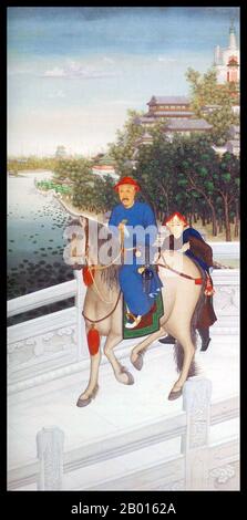 Cina: L'imperatore Qianlong (25 settembre 1711 - 7 febbraio 1799), a cavallo su un ponte a Pechino. Dipinto a spirale sospeso, fine 1700. L'imperatore Qianlong (25 settembre 1711 - 7 febbraio 1799), nato Hongli e il nome del tempio Gaozong, fu il quinto imperatore della dinastia Qing. Quarto figlio dell'imperatore Yongzheng, regnò ufficialmente dal 1735 al 1796, prima di abdicare a favore di suo figlio, l'imperatore Jiaqing - un atto filiale per non governare più a lungo di suo nonno, l'imperatore Kangxi. Nonostante il suo pensionamento, mantenne il potere ultimo fino alla sua morte. Foto Stock