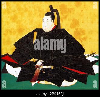 Giappone: Tokugawa Tsunayoshi (23 febbraio 1646 - 19 febbraio 1709), quinto sovrano del Tokugawa Shogunate (r. 1680-1709). Rotolo appeso dipinto di Tosa Mitsuoki (1617-1691), XVII secolo. Tokugawa Tsunayoshi, nato Tokumatsu, era il quinto shogun della dinastia Tokugawa e figlio di Tokugawa Iemitsu. Quando suo fratello maggiore, lo shogun Tokugawa Ieyasu, morì senza lasciare un erede, Tsunayoshi fu scelto per succedergli. Era puritanico, vietava la prostituzione e le cameriere, e istituiva leggi di protezione degli animali, guadagnandogli il soprannome pejorative di 'il cane shogun'. Foto Stock