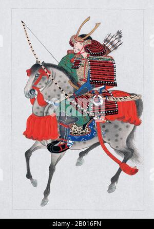 Giappone: 'Samurai on Horseback'. Pittura a inchiostro, c.. 1878. Samurai è il termine per la nobiltà militare del Giappone preindustriale. Alla fine del XII secolo, il samurai divenne quasi interamente sinonimo di bushi, e la parola fu strettamente associata con l'echelon medio e superiore della classe guerriera. Il samurai seguì un insieme di regole che vennero conosciute come Bushidō. Mentre contavano meno del dieci per cento della popolazione del Giappone, gli insegnamenti del samurai possono ancora essere trovati oggi sia nella vita quotidiana che nelle arti marziali come Kendō, il senso della spada. Foto Stock