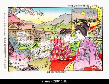 Giappone: 'Tempio Kiyomizu, Kyoto, con Inset di 'Moon al Ponte di Gojyo'. Ukiyo-e stampa a blocchi di legno, 1903. Kiyomizu-dera, ufficialmente Otowa-san Kiyomizu-dera, è un tempio buddista nella parte orientale di Kyoto. Il tempio fa parte dei monumenti storici dell'antica Kyoto (città di Kyoto, Uji e Otsu) e quindi è un sito patrimonio dell'umanità dell'UNESCO. Foto Stock