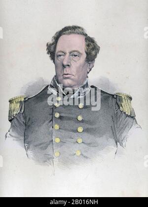 USA: Commodore Matthew Calbraith Perry (10 aprile 1794 - 4 marzo 1858). Litografia colorata a mano, c. 1858. Matthew Calbraith Perry era un Commodore della Marina degli Stati Uniti che ha costretto l'apertura del Giappone ad ovest con la Convenzione di Kanagawa in 1854, quando ha minacciato bombardare Edo (Tokyo) con le sue navi se resistessero. Perry aveva comandato navi in diverse guerre, tra cui la guerra del 1812 e la guerra messicano-americana (1846-1848). La sua difesa per la modernizzazione della Marina degli Stati Uniti lo portò ad essere chiamato 'il Padre della Marina a vapore'. Foto Stock