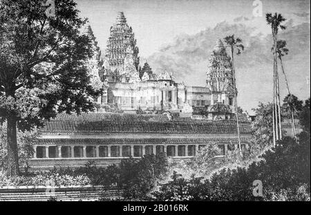 Cambogia: 'Angkor Wat'. Incisione dal 'Voyage d'Exploration en Indo-Chine, 1866-1868' di Louis Delaporte (11 gennaio 1842 - 3 maggio 1925), 1873. Angkor Wat è stato costruito nei primi 12 ° secolo per il re Suryavarman II (governato 1113-50). Foto Stock