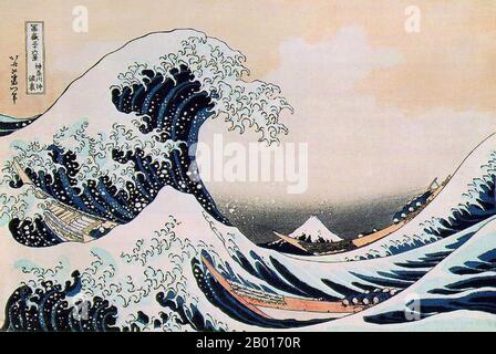 Giappone: "La Grande ondata al largo di Kanagawa". Ukiyo-e stampa in blocco dalla serie 'trentasei viste del Monte Fuji' di Katsushika Hokusai (31 ottobre 1760 - 10 maggio 1849), c.. 1830. In questo taglio di legno, Hokusai mostra il Monte Fuji sullo sfondo. Le ondate infurianti in questa illustrazione sono spesso erroneamente chiamate “tsunami”; tuttavia, poiché le ondate sono offshore, sono più correttamente conosciute in giapponese come “okinami”. Foto Stock