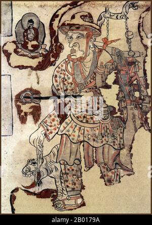 Cina: Un viaggiatore sull'antica Via della Seta, ampiamente supposto rappresentare il monaco itinerante Xuanzang - o forse il monaco Faxian. Mural, Grotte di Mogao, Dunhuang, 9th secolo. Xuanzang (c.. 602 – 664) è stato un famoso monaco buddista cinese, studioso, viaggiatore e traduttore che ha descritto l'interazione tra Cina e India nei primi tempi di Tang. Nato nella provincia di Henan in Cina nel 602 o nel 603, da ragazzo prese a leggere libri sacri, tra cui i classici cinesi e gli scritti degli antichi saggi. Foto Stock