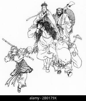 Cina: Un disegno del monaco Xuanzang con i suoi compagni di Xyouji o ' viaggio in Occidente'. Il viaggio in Occidente è uno dei quattro grandi  romanzi classici della letteratura cinese. Originariamente pubblicato