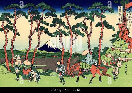 Giappone: «Hodogaya sulla Tokaido Road». Ukiyo-e stampa in blocco della serie «trentasei viste del Monte Fuji» di Katsushika Hokusai (31 ottobre 1760 - 10 maggio 1849), 1830. “trentasei viste del Monte Fuji” è una serie di stampe in legno realizzate dall’artista giapponese Katsushika Hokusai. La serie raffigura il Monte Fuji in stagioni e condizioni meteorologiche diverse da una varietà di luoghi e distanze. Si compone di 46 stampe create tra il 1826 e il 1833. I primi 36 sono stati inclusi nella pubblicazione originale e, a causa della loro popolarità, altri 10 sono stati aggiunti dopo la pubblicazione originale Foto Stock