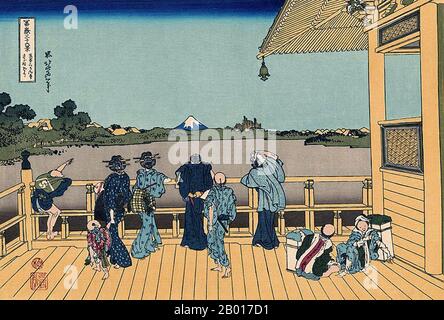 Giappone: “Sazai Hall - Tempio del Cinquecento Rakan”. Ukiyo-e stampa in blocco della serie «trentasei viste del Monte Fuji» di Katsushika Hokusai (31 ottobre 1760 - 10 maggio 1849), 1830. “trentasei viste del Monte Fuji” è una serie di stampe in legno realizzate dall’artista giapponese Katsushika Hokusai. La serie raffigura il Monte Fuji in stagioni e condizioni meteorologiche diverse da una varietà di luoghi e distanze. Si compone di 46 stampe create tra il 1826 e il 1833. I primi 36 furono inclusi nella pubblicazione originale e, a causa della loro popolarità, ne furono aggiunti altri 10. Foto Stock