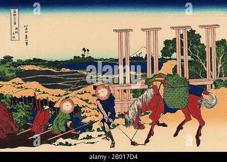 Giappone: «senju nella provincia di Musashi». Ukiyo-e stampa in blocco della serie «trentasei viste del Monte Fuji» di Katsushika Hokusai (31 ottobre 1760 - 10 maggio 1849), 1830. “trentasei viste del Monte Fuji” è una serie di stampe in legno realizzate dall’artista giapponese Katsushika Hokusai. La serie raffigura il Monte Fuji in stagioni e condizioni meteorologiche diverse da una varietà di luoghi e distanze. Si compone di 46 stampe create tra il 1826 e il 1833. I primi 36 sono stati inclusi nella pubblicazione originale e, a causa della loro popolarità, altri 10 sono stati aggiunti dopo la pubblicazione originale. Foto Stock