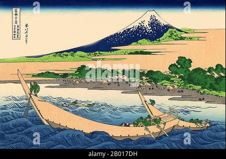 Giappone: 'Tago Bay vicino a Ejiri sul Tokaido'. Ukiyo-e stampa in blocco della serie «trentasei viste del Monte Fuji» di Katsushika Hokusai (31 ottobre 1760 - 10 maggio 1849), 1830. “trentasei viste del Monte Fuji” è una serie di stampe in legno realizzate dall’artista giapponese Katsushika Hokusai. La serie raffigura il Monte Fuji in stagioni e condizioni meteorologiche diverse da una varietà di luoghi e distanze. Si compone di 46 stampe create tra il 1826 e il 1833. I primi 36 furono inclusi nella pubblicazione originale e, a causa della loro popolarità, ne furono aggiunti altri 10. Foto Stock