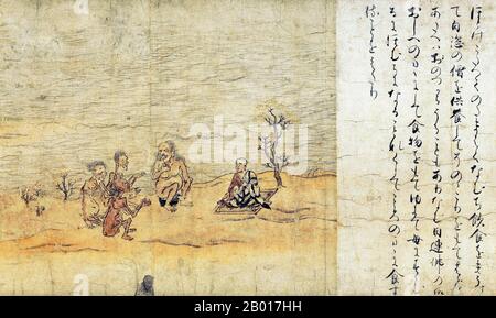 Giappone: 'Hungry Ghosts Scroll'. Dettaglio da un dipinto a grasino, fine 12th secolo. Quarta sezione del fantasma affamato si trova al Museo Nazionale di Kyoto. Il rotolo raffigura il mondo dei fantasmi affamati, uno dei sei reami del Buddismo e contiene storie di salvezza dei fantasmi affamati. Questa particolare sezione e la precedente (terza sezione) sono basate sul Sutra Ullambana e raffigurano la storia di Maudgalyāyana (jap. Mokuren), discepolo di Shakyamuni. Mokuren imparò da Shakyamuni come salvare sua madre dal regno dei fantasmi affamati. Foto Stock