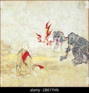 Giappone: 'Hungry Ghosts Scroll'. Dettaglio da un dipinto a grasino, fine 12th secolo. Sesta sezione dell'Hungry Ghosts Scroll situata presso il Museo Nazionale di Kyoto. Il rotolo raffigura il mondo dei fantasmi affamati, uno dei sei reami del Buddismo e contiene storie di salvezza dei fantasmi affamati. Questa particolare sezione mostra Ananda, un discepolo di Shakyamuni, insegnando un'incantazione per ottenere la salvezza ad un fantasma affamato che continuamente sbanda le fiamme dalla sua bocca. Foto Stock