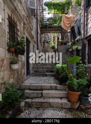 Dubrovnik, Croazia - 24 aprile 2019: Piccola strada con piante alla linea di lavaggio nel centro storico medievale della città di Dubrovnik, Croazia. Foto Stock