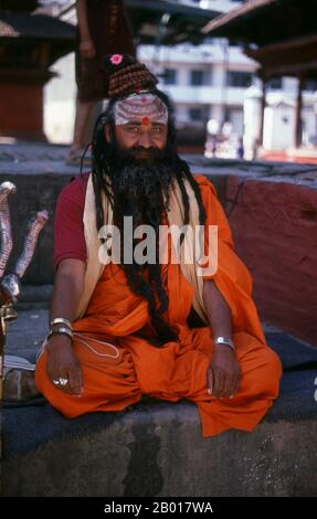 Nepal: Sadhu (uomo Santo) in Piazza Durbar, Kathmandu. Sono conosciuti, variamente, come sadhus (santi, o 'buoni '), yoga (praticanti ascetici), Fakirs (cercatore ascetico dopo la verità) e sannyasins (mendicanti e ascetici vaganti). Sono i praticanti ascetici – e spesso eccentrici – di una forma austera di induismo. Giurati di cacciare i desideri terreni, alcuni scelgono di vivere come ancoriti nel deserto. Altri sono meno ritirati, soprattutto nelle città e nei templi della valle di Kathmandu in Nepal. Foto Stock