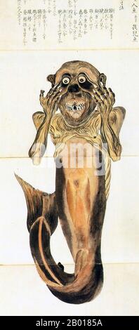 Giappone: Un 'ningyo' o sirena come rappresentato da Baien Mouri (1798-1851) nel suo 'Baien Libro di Pesce'. 1835. In Giappone le sirene sono chiamate ningyo o "pesci". Una vecchia credenza giapponese era che mangiare la carne di un ningyo potrebbe concedere l'immortalità. Il noto storico naturale Baien Mouri (1798-1851), un illustratore prolifico noto per le sue colorate raffigurazioni di piante e animali, includeva due schizzi di una sirena nel suo libro del 1835 Baien Gyofu ('Baien Book of Fish'). Foto Stock