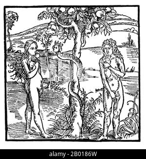 Germania: "La caduta". Stampa di blocchi di legno di Albrecht Durer (21 maggio 1471 - 6 aprile 1528), c.. 1500. Albrecht Durer fu un'stampatrice, pittore e teorico tedesco attivo durante il Rinascimento tedesco. Affollato da Norimberga, le sue stampe in legno di alta qualità lo hanno reso influente e stimabile in tutta Europa, ed è stato in contatto con importanti artisti italiani contemporanei come Raffaello e Leonardo da Vinci. Dal 1512 in poi fu patrocinato dall'imperatore Massimiliano I. il suo vasto corpo di lavoro comprendeva stampe in legno, pale d'altare, ritratti e autoritratti, acquerelli e le sue incisioni preferite. Foto Stock