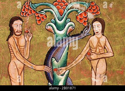 Inghilterra: "La tentazione di Adamo ed Eva nel Paradiso terreno". Particolare di illuminazione su pergamena dal Salterio Hunteriano, c.. 1170. Il Salterio Hunteriano (o Salterio di York) è un manoscritto illuminato del 12th secolo. È stato prodotto in Inghilterra intorno al 1170 ed è considerato un esempio impressionante di arte romanica del libro. L'opera fa parte della collezione della Glasgow University Library, che ha acquisito il libro nel 1807. Deriva il suo nome colloquiale, il 'Salterio Hunterian', da essere stato parte della collezione del 18th secolo anatomista scozzese William Hunter. Foto Stock