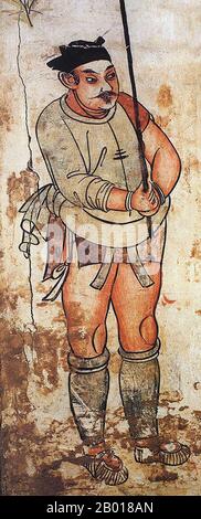 Cina: Un custode della porta di nazionalità Hu. Particolare di un murale nella tomba di Zhang Kuangzheng, Xuanhua, Hebei, Dinastia Liao (1093-1117). La dinastia di Liao, conosciuta anche come l'Impero Khitan, era uno stato che dominava le regioni di Manciuria, Mongolia, e parti della Cina settentrionale propriamente detta. Fu fondata dal clan Yelü del popolo Khitano nello stesso anno in cui la dinastia Tang crollò (907), anche se il suo primo sovrano, Yelü Abaoji (Yaruud Ambagai Khan), non dichiarò un nome di epoca fino al 916. Foto Stock