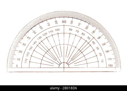 Apparecchiature matematiche della vecchia scuola. Goniometro utilizzato nel disegno tecnico e tecnico. Plastica. Isolato su bianco. Foto Stock