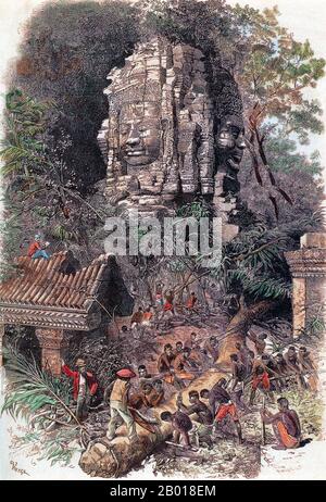 Cambogia: "Scoprire le rovine di Angkor". Incisione di Louis Delaporte (11 gennaio 1842 - 3 maggio 1925) da 'Voyage d'Exploration en Indo-Chine, 1866-1868', Garnier Mission, c.. 1873. Angkor Wat è un complesso tempiale situato nel nord-ovest della Cambogia, che serve come simbolo nazionale e luogo sacro. Fu costruita all'inizio del 12th per re Suryavarman II (r. 1113-1150), all'interno della capitale imperiale dell'Impero Khmer Yasodharapura. In origine era un sito indù, dedicato a Vishnu, ma in seguito fu convertito in un tempio buddista. Oggi è un sito patrimonio dell'umanità dell'UNESCO. Foto Stock