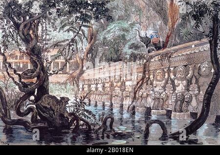 Cambogia: 'Le rovine intorno Angkor'. Incisione di Louis Delaporte (11 gennaio 1842 - 3 maggio 1925) da 'le Monde illestre', 19th secolo. Angkor Wat è un complesso tempiale situato nella Cambogia nordoccidentale, che serve come simbolo nazionale e luogo sacro. Fu costruita all'inizio del 12th per re Suryavarman II (r. 1113-1150), all'interno della capitale imperiale dell'Impero Khmer Yasodharapura. In origine era un sito indù, dedicato a Vishnu, ma in seguito fu convertito in un tempio buddista. Oggi è un sito patrimonio dell'umanità dell'UNESCO. Foto Stock