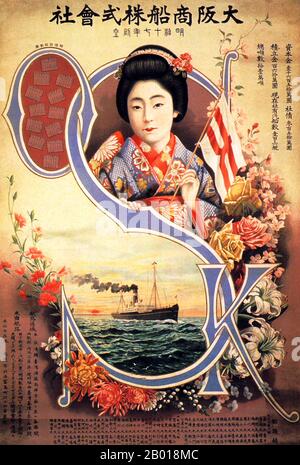 Giappone: Poster pubblicitario per la Osaka Mercantile Steamship Company, 1909. Poster Osaka Mercantile Steamship con una donna giapponese rivestita in kimono tradizionale. Foto Stock