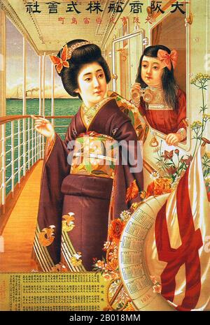 Giappone: Poster pubblicitario per la Osaka Mercantile Steamship Company, 1912. Poster di Osaka Mercantile Steamship con una giovane donna in kimono e una ragazza con un paio di binocoli sul ponte di una nave a vapore. Foto Stock