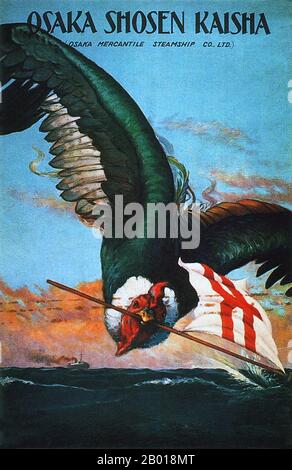 Giappone: Poster pubblicitario per la Osaka Mercantile Steamship Company, 1916. Poster Osaka Mercantile Steamship Co con un uccello grande (forse un uccello marino, ma con una testa che assomiglia più ad un cockerel) che porta la bandiera aziendale. Foto Stock