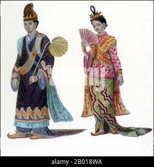 Birmania/Myanmar: Nobilità della dinastia Kontaung in abito da corte durante il regno di re Bodawpaia (1782-1819). Illustrazione di Singey Bey (fl. 1790-1800s), 1799. "Un wungyi (wungee) o membro del consiglio principale e sua moglie nel loro vestito di cerimonia". L'incisione è stata da Michael Symes 'un conto di un'ambasciata nel Regno di Ava, inviato dal Governatore generale dell'India nell'anno 1795'. Un wungyi ha tenuto il grado di ministro. Foto Stock