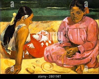Tahiti: 'Donne Tahitiane sulla spiaggia'. Dipinto a olio su tela di Paul Gauguin (7 giugno 1848 - 8 maggio 1903), 1891. Paul Gauguin nacque a Parigi nel 1848 e trascorse la sua infanzia in Perù. Lavorò come agente di cambio con poco successo, e soffrì di forti depressione. Dipinse anche lui. Nel 1891, Gauguin, frustrato dalla mancanza di riconoscimento in patria e dalla mancanza di difficoltà finanziaria, salì ai tropici per sfuggire alla civiltà europea e "tutto ciò che è artificiale e convenzionale”. Il suo tempo c'era un argomento di grande interesse sia allora che nei tempi moderni. Foto Stock