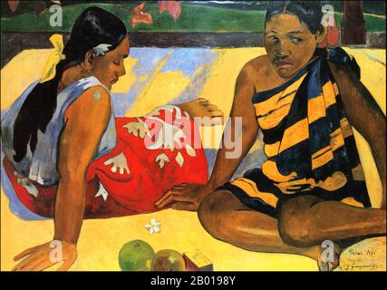 Tahiti: 'Parau API' (What's New?, Two Women of Tahiti). Dipinto a olio su tela di Paul Gauguin (7 giugno 1848 - 8 maggio 1903), 1892. Paul Gauguin nacque a Parigi nel 1848 e trascorse la sua infanzia in Perù. Lavorò come agente di cambio con poco successo, e soffrì di forti depressione. Dipinse anche lui. Nel 1891, Gauguin, frustrato dalla mancanza di riconoscimento in patria e dalla mancanza di difficoltà finanziaria, salì ai tropici per sfuggire alla civiltà europea e "tutto ciò che è artificiale e convenzionale”. Il suo tempo c'era un argomento di grande interesse sia allora che nei tempi moderni. Foto Stock