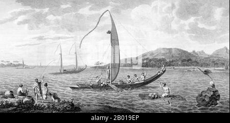 Tahiti: 'Matavai Bay (Tahiti) e Tahitian Boats'. Incisione da The Endeavour Journals of James Cook, 1773. "La canoa, o le barche, che sono utilizzati dagli abitanti di questa e delle isole vicine possono essere divisi in due classi generali, una delle quali chiamano Ivahah, l'altra Pahies. L'Ivahah è utilizzato per brevi escursioni in mare ed è a parete e a fondo piatto; il Pahie per viaggi più lunghi, ed è a prua e a fondo affilato." Foto Stock