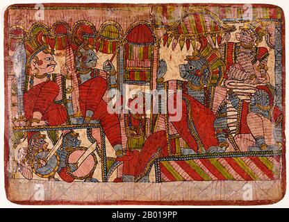 India: Rama e Lakshmana in conferenza con Sugriva, il re delle scimmie, e i suoi compagni. Scena dalla Storia del Burning di Lanka, portafoglio acquerello dal Ramayana, c.. 1850. Il Ramayana ('Romance of Rama') è una storia antica quanto il tempo e - almeno nel subcontinente indiano e in gran parte del Sud-Est asiatico - di popolarità senza pari. Più di 2300 anni fa lo studioso-poeta Valmiki si sedette per scrivere la sua epica definitiva di amore e di guerra. Foto Stock