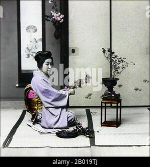 Giappone: Una geisha che arrangiano i fiori. Foto di T. Enami (1859-1929), c.. 1895. T. Enami (Enami Nobukuni) era il nome commerciale di un celebre fotografo del periodo Meiji. Il T. del suo nome commerciale è pensato per essere stato per Toshi, anche se non ha mai scritto fuori su qualsiasi documento personale o di affari. Nato a Edo (ora Tokyo) durante l'era Bakumatsu, Enami fu prima studente di, e poi assistente del noto fotografo e collotipista, Ogawa Kazumasa. Enami si è rilocato a Yokohama, e ha aperto uno studio a Benten-dōri (Benten Street) nel 1892. Foto Stock