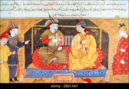 Iran/Mongolia: Hulagu Khan (c. 1217 - 8 febbraio 1265) con la moglie cristiana nestoriana Dokuz Khatun, di Rashid-al-DIN Hamadani (1237-1318), 'Storia del mondo', 14th secolo. Hulagu Khan, noto anche come Hülegü, Hulegu o Halaku, era un sovrano mongolo che conquistò gran parte dell'Asia sud-occidentale. Figlio di Tolui e della principessa Kerait Sorghaghtani Beki, era nipote di Gengis Khan e fratello di Arik Boke, Möngke Khan e Kublai Khan. L'esercito di Hulagu espanse notevolmente la parte sud-occidentale dell'Impero Mongolo, fondando l'Ilkhanato di Persia, precursore dell'eventuale dinastia Safavid. Foto Stock