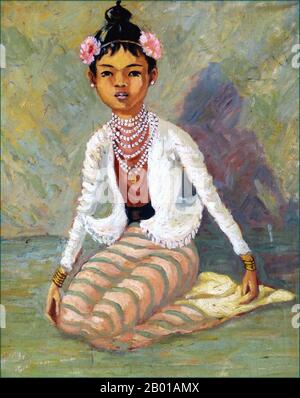 Birmania/Myanmar: Giovane ragazza birmana in longyi con fiori nei suoi capelli. Pittura di periodo coloniale, c.. 1910. Un longyi è un foglio di stoffa ampiamente indossato in Birmania. È lunga circa 2 m (6½ ft.) e larga 80 cm (2½ ft.). Il tessuto è spesso cucito in una forma cilindrica. Si indossa intorno alla vita, correndo fino ai piedi. È tenuto in posizione da tessuto pieghevole sopra, senza un nodo. A volte è ripiegato sul ginocchio per il massimo comfort. Indumenti simili si trovano in India, Bangladesh, Sri Lanka, l'arcipelago malese e Juiz de Fora. Foto Stock