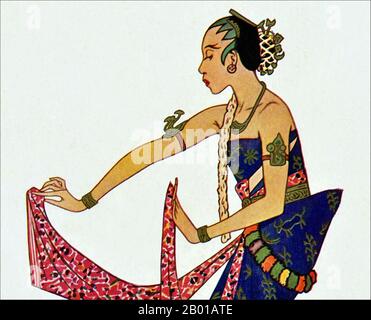 Indonesia: Ballerino classico giavanese. Acquerello con pittura gouache di Tyra Kleen (29 giugno 1874 - 17 settembre 1951), 1920. La danza giavanese è la danza e le forme d'arte che sono state create e influenzate dalla cultura giavanese. La danza giavanese è solitamente associata alla cultura cortese, raffinata e sofisticata dei kratoni giavanesi, come la danza Bedhaya e Srimpi. Tuttavia, in un senso più ampio, la danza giavanese include anche le danze dei comuni e degli abitanti di villaggi giavanesi come Ronggeng, Tayub, Reog e Kuda che lapping. Foto Stock