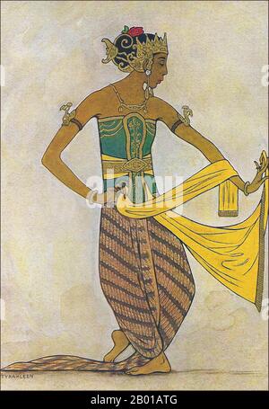 Indonesia: Ballerino classico giavanese. Acquerello con pittura gouache di Tyra Kleen (29 giugno 1874 - 17 settembre 1951), 1920. La danza giavanese è la danza e le forme d'arte che sono state create e influenzate dalla cultura giavanese. La danza giavanese è solitamente associata alla cultura cortese, raffinata e sofisticata dei kratoni giavanesi, come la danza Bedhaya e Srimpi. Tuttavia, in un senso più ampio, la danza giavanese include anche le danze dei comuni e degli abitanti di villaggi giavanesi come Ronggeng, Tayub, Reog e Kuda che lapping. Foto Stock