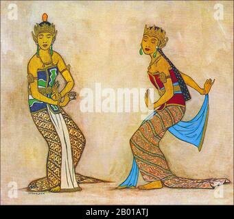 Indonesia: Ballerino classico giavanese. Acquerello con pittura gouache di Tyra Kleen (29 giugno 1874 - 17 settembre 1951), 1920. La danza giavanese è la danza e le forme d'arte che sono state create e influenzate dalla cultura giavanese. La danza giavanese è solitamente associata alla cultura cortese, raffinata e sofisticata dei kratoni giavanesi, come la danza Bedhaya e Srimpi. Tuttavia, in un senso più ampio, la danza giavanese include anche le danze dei comuni e degli abitanti di villaggi giavanesi come Ronggeng, Tayub, Reog e Kuda che lapping. Foto Stock